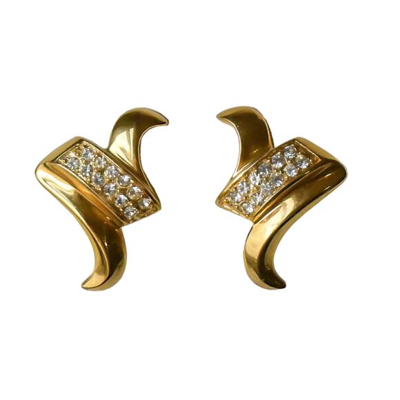 Givenchy Gold Plated White Rhinestones Vtg Zig Zag 1980s Geometric Clip Earrings - Picture 3 of 3